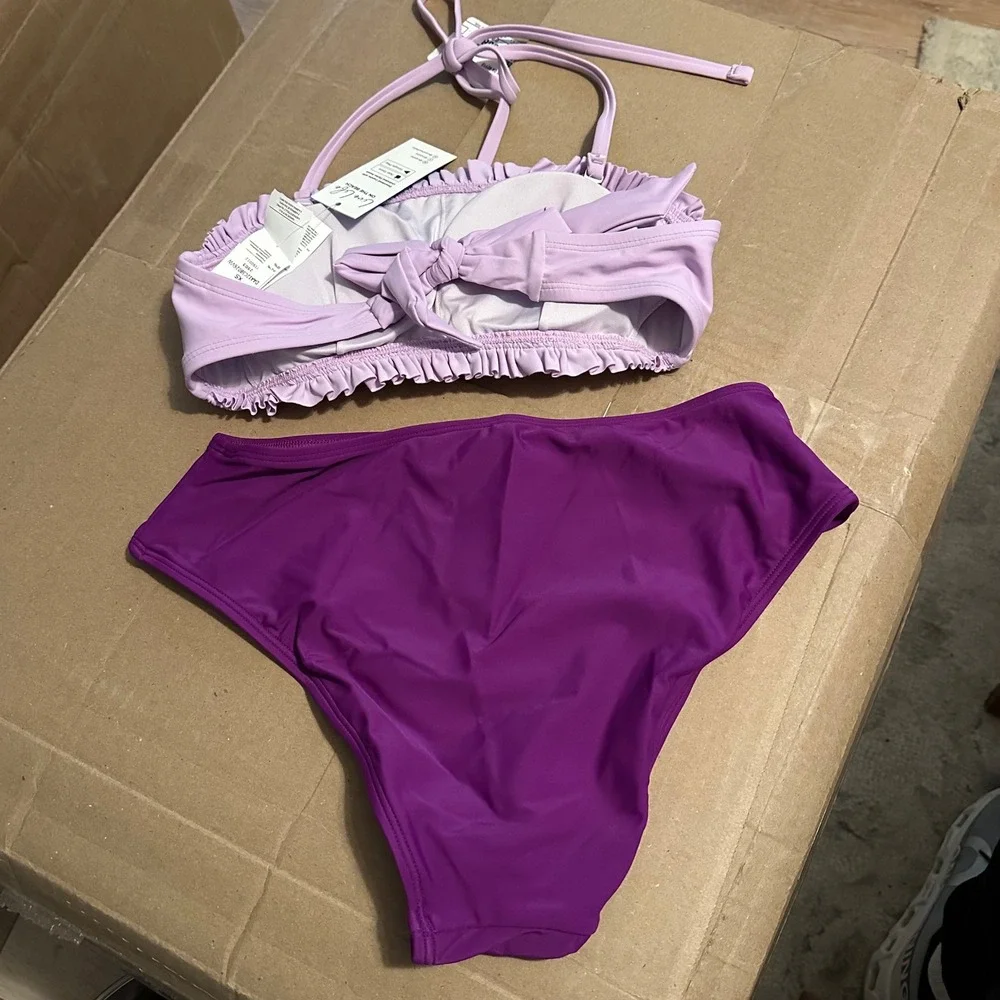 NEW Cupshe Womens Lavender Smocked Bandeau Halter Bikini Set Purple Size‎ XS